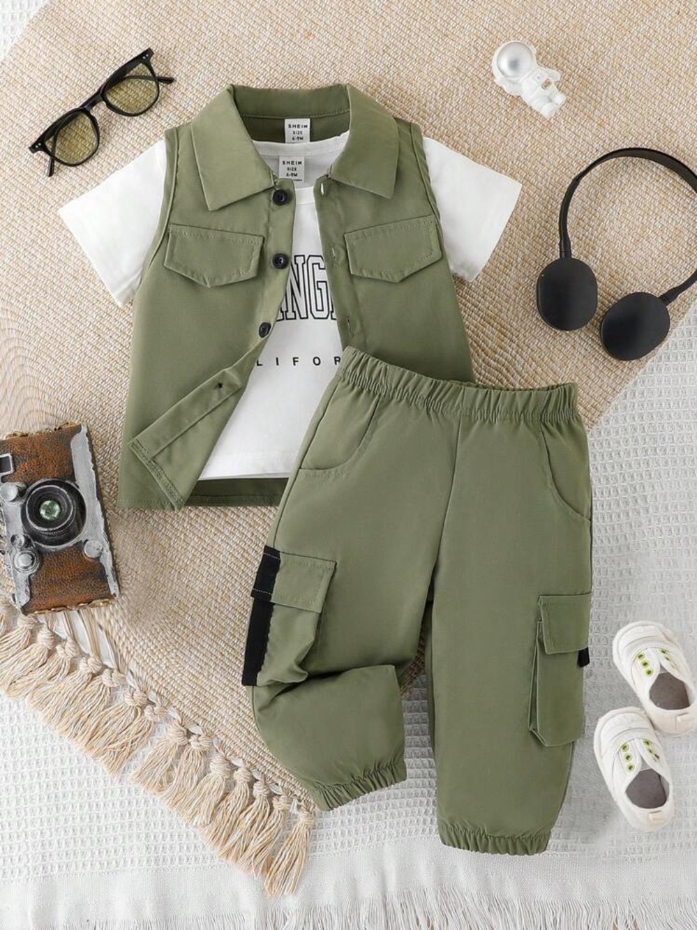SHEIN Boys Sporty Workwear 2 Piece Set In Olive Green Size 12-18 Months